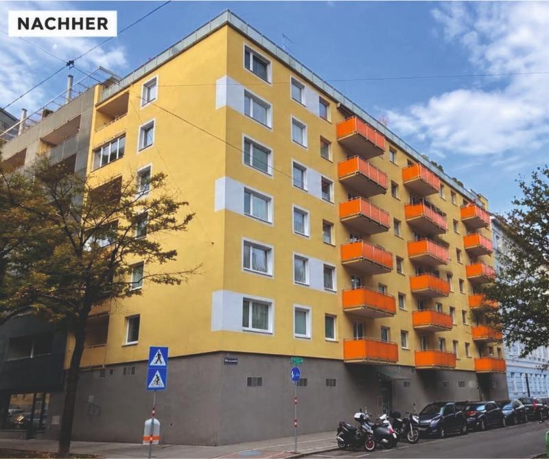 Dasselbe Wohnhaus nach der THEWOSAN-Sanierung mit neuer Fassade und Balkonen